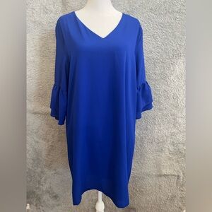 BELONGSCI Women's V-Neck Bell Sleeve Shift Blue Mini Dress Size Large